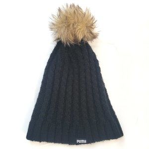 Puma Women's Black Knit Beanie with Faux Fur Tan Pompom